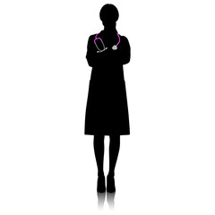 Silhouette of female healthcare worker. Happy smiling doctor in white coat with stethoscope. Medical worker is standing with crossed hands. Vector flat style illustration set isolated on white