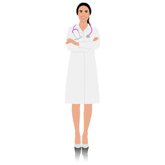 Hand drawn female healthcare worker. Happy smiling doctor in white coat with stethoscope. Medical worker is standing with crossed hands. Vector flat style illustration set isolated on white