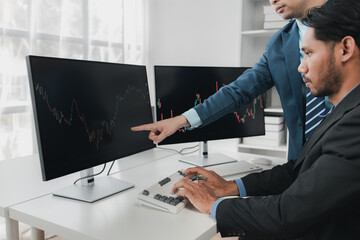 Two stock investors with stock market graph screen, stock fluctuation analysis, business man trading stocks for profit, stock market fluctuation graph screen, profit trading analysis.