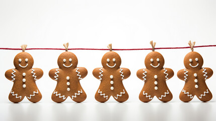Fototapeta premium Christmas gingerbread cookies and gingerbread man with Christmas decorations on white background. Traditional Christmas baking.