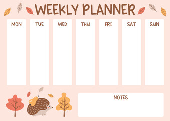 Weekly planner for kids with cute hedgehog, trees and falling leaves. Autumn theme school timetable. Class schedule is perfect for elementary school students. Vector hand drawn illustration.