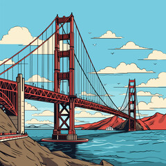 Golden Gate Bridge. Golden Gate Bridge hand-drawn comic illustration. Vector doodle style cartoon illustration - obrazy, fototapety, plakaty