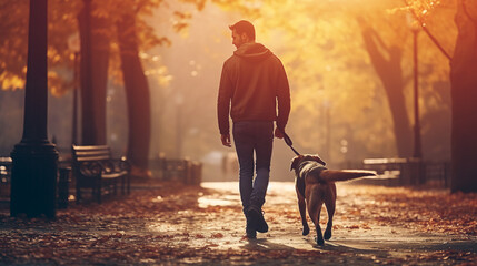 young man walking in yellow sunny autumn park with labrador dog, generative ai