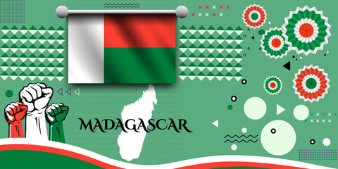 Madagascar banner for national day with abstract modern design. Madagascar flag and map with typography. raised fists and embroidery background.  independence day. Vector Illustration.