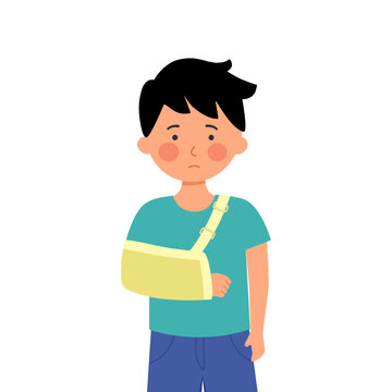 Boy child with broken arm wearing arm sling in flat design on white background.