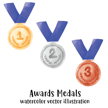 Gold, silver and bronze medals. Champion and winner awards medal set. trophy. watercolor style