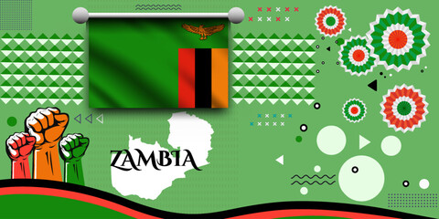 Zambia banner for national day with abstract modern design. Zambia flag and map with typography. raised fists and embroidery background.  independence day. Vector Illustration.