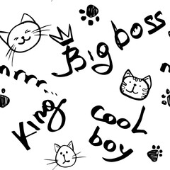 seamless monochrome pattern, line sketch with cats and words