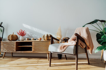 Stylish modern Scandinavian interior of living room with seasonal autumn decor on the wooden...