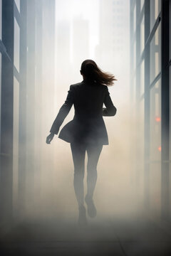 silhouette of a businesswoman running away down a foggy dystopian city alley.