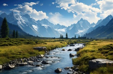 Landscape wallpaper with river, mountain and grass.