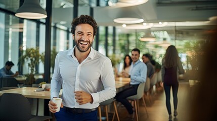 smiling casual businessman walking with cheerful motion laugh happiness in modern office interior background,ai generate