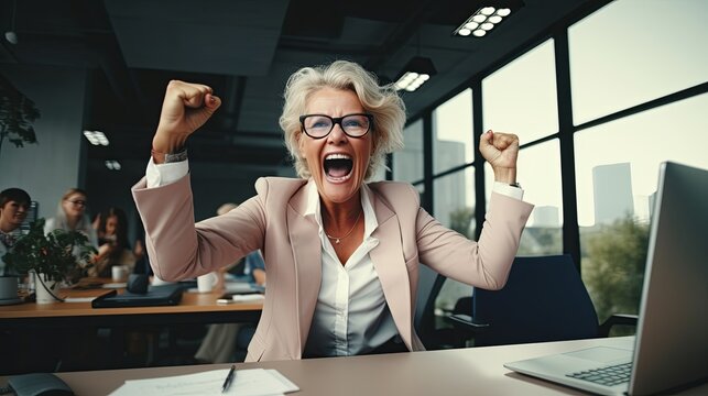 Portrait of old woman celebrating succeed winner gesture exited with arms raised victory business compettition goal celebrate prize positive attitude smile laugh joyful moment in office,ai generate