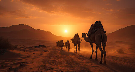 Camels traveling in the middle of the desert with sky in the sunset orange background.