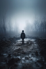 foggy dry forest. boy overlooking a barren muddy landscape in the fog. 