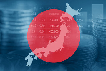 Japan flag and map with stock market finance, economy trend graph digital technology.