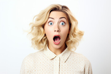 A stunning blonde woman displaying an expression of shock and surprise, with her mouth agape and eyes wide open. Isolated on a white background.

Generative AI.