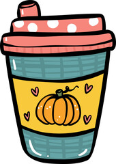Cute Pumpkin Spice coffee drink cartoon doodle outline illustration