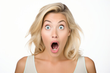 A stunning blonde woman displaying an expression of shock and surprise, with her mouth agape and eyes wide open. Isolated on a white background.

Generative AI.