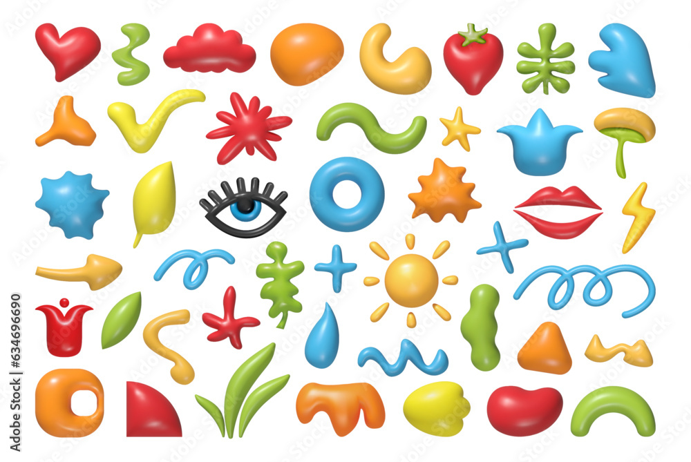 Poster abstract shapes cartoon elements in 3d style. vector flowers and clouds, fruits and colorful shapes,