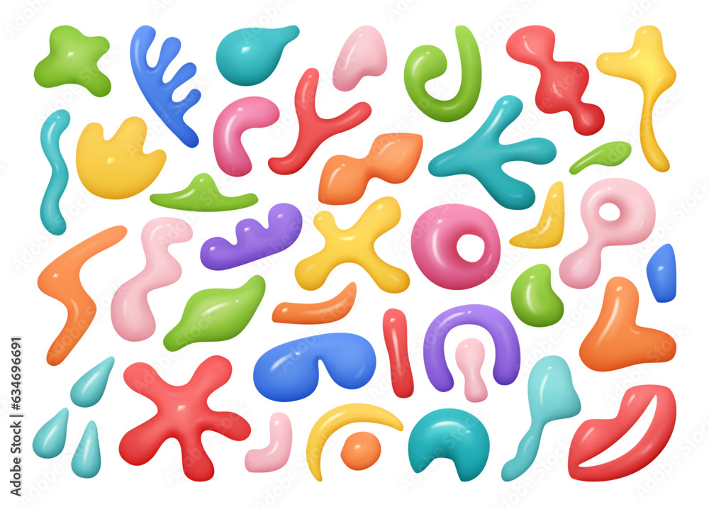 Poster Set of realistic elements for design of various decorative shapes, blobs and blots doodles isolated on white background. Vector illustration collection of 3d abstract shape in cartoon style