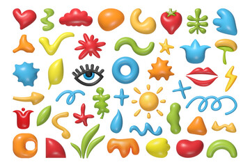 Abstract shapes cartoon elements in 3D style. Vector flowers and clouds, fruits and colorful shapes, sun and glass, lips and mushroom, thunder and bolt multicolor trendy objects
