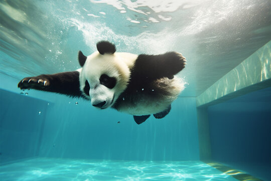 a panda swimming in the pool