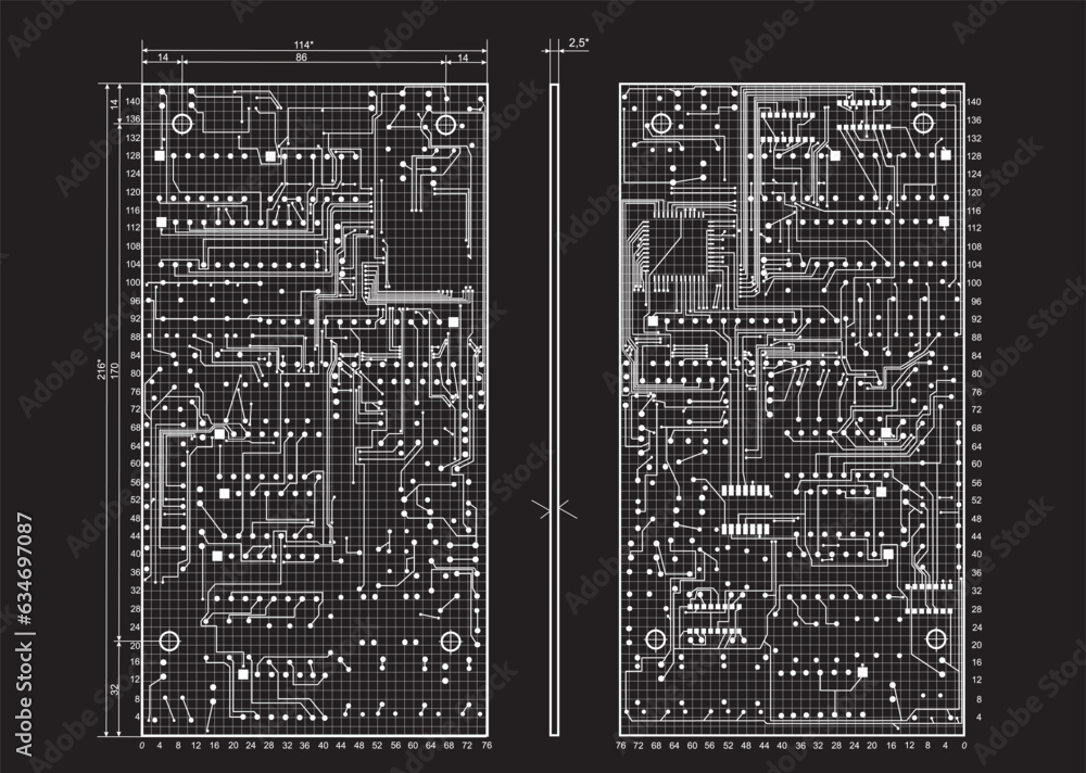 Poster vector technical drawing. wiring of the conductors of the printed circuit board of an electronic dev