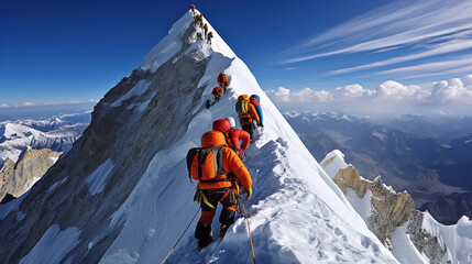Naklejka na ściany i meble The climbers descending after a successful summit, their figures against the backdrop of Everest's grandeur 