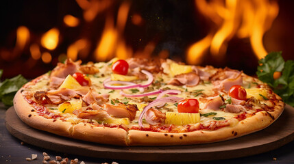 appetizing hawaiian pizza, composed with ham, grilled chicken, bacon, pineapple, green peppers, onions, yellow sauce, mozzarella cheese, ricotta, grated parmesan as toppings