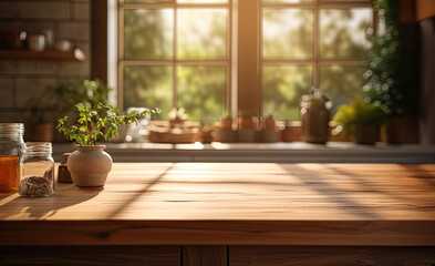Wooden clean table, The sun shines through the window.