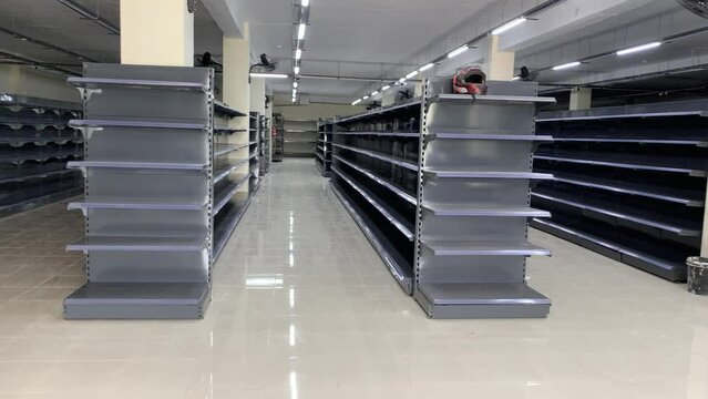 Imamabad Pakistan 05 august 2023, Empty shelves in the supermarket, Empty rows of shelves at grocery store, Retail store, Empty store shelves.
