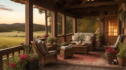 Fototapeta premium Cozy country porch on a ranch in the garden
