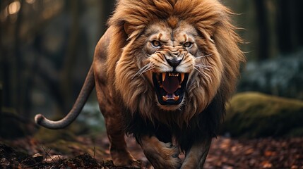angry lion showing his fangs - obrazy, fototapety, plakaty