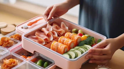 A woman lifts a frozen lunch box from the refrigerator. Frozen lunch box from the fridge