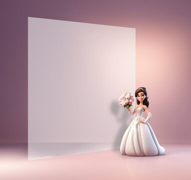 personnage style 3D représentant une femme en robe de mariée sur fond rose