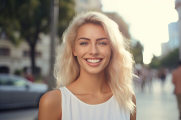 A close-up portrait photo of a lovely blonde woman smiling with flawless white teeth against a city nature background. Utilized for a dental advertisement.

Generative AI.