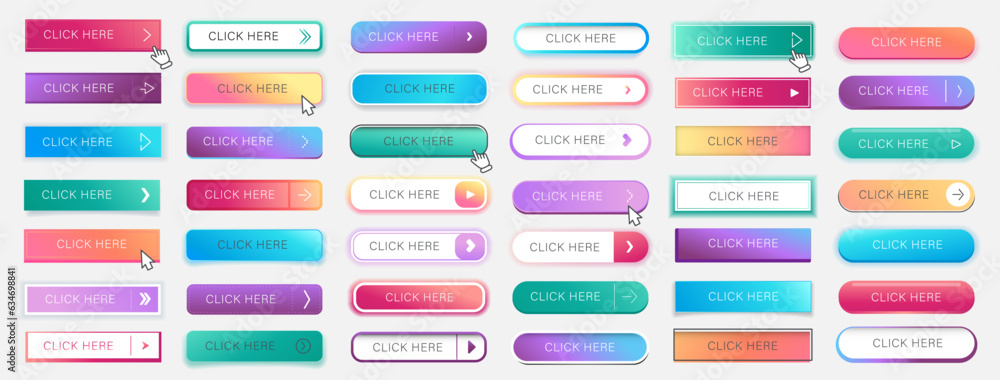 Poster click here button. web pointer clicking buttons. click elements, download, subscribe and follow icon