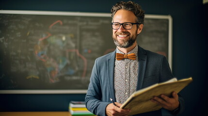 Male teacher: The teacher in the classroom, professionally dressed, stands at the blackboard with colorful diagrams, with a warm and charming smile.