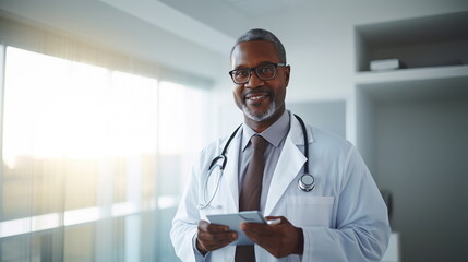 Doctor in white coat standing in modern medical office holding stethoscope and clipboard with reassuring smile