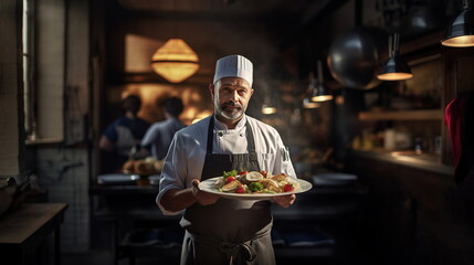 Chef: A skilled chef in a bustling kitchen, wearing a chef's hat and uniform, holding a plate with an artfully arranged dish