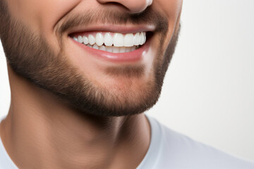 Obraz premium A close-up portrait of an attractive man showcasing a bright smile with pristine teeth, utilized for a dental advertisement. The individual features a modern, stylish haircut and beard Generative AI