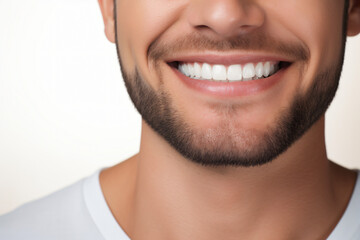 A close-up portrait of an attractive man showcasing a bright smile with pristine teeth, utilized for a dental advertisement. The individual features a modern, stylish haircut and beard
Generative AI