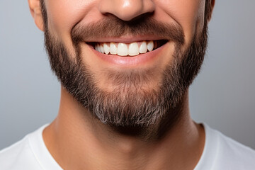Obraz premium A close-up portrait of an attractive man showcasing a bright smile with pristine teeth, utilized for a dental advertisement. The individual features a modern, stylish haircut and beard Generative AI
