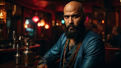A bearded man enjoying a drink at a bar