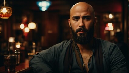 A bearded man enjoying a drink at a bar