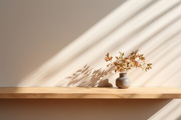 Beautiful 3D wooden table rendering for product display with sunlight and leaf shadows in front of an empty wall.