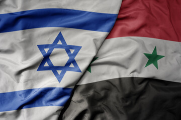 big waving realistic national colorful flag of israel and national flag of syria .