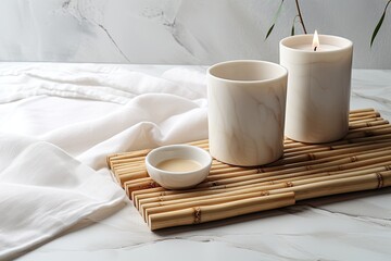Obraz na płótnie Canvas Bamboo sticks with scented candles and cup of tea on marble table. Aromatic home.