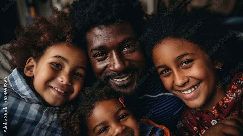 Wall mural picture of a happy young African American family with little children sitting lounging on the sofa, cuddling lying down,